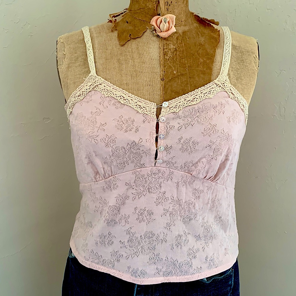 Vintage rose cotton pointelle knit camisole with ecru crocheted lace trim.